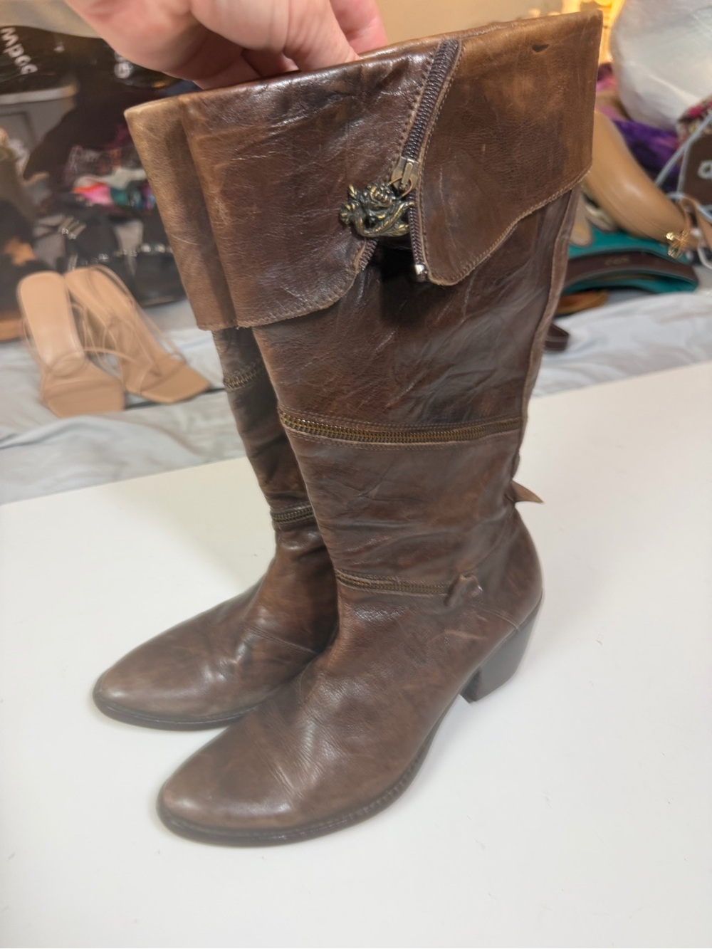 Siren Y2K Vintage? Brown Leather Mid-Calf Zipper Details Boho Western Boots Sz 9